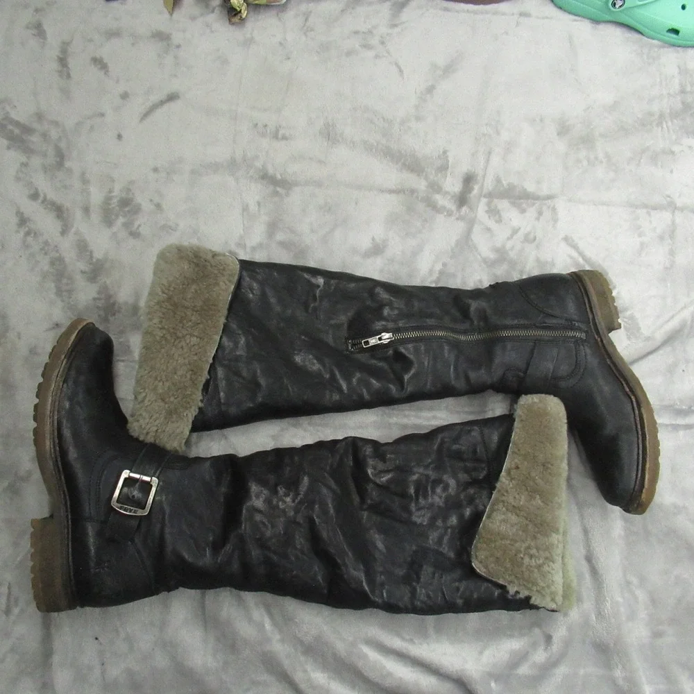 FRYE Women 6.5B Black Valerie Boots Knee Fold Over Shearling Fur Zip Buckle Pull
